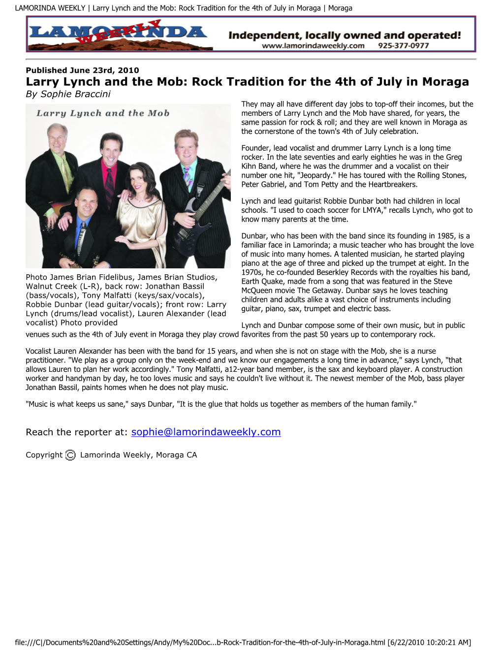 Larry Lynch and the Mob: Rock Tradition for the 4Th of July in Moraga | Moraga