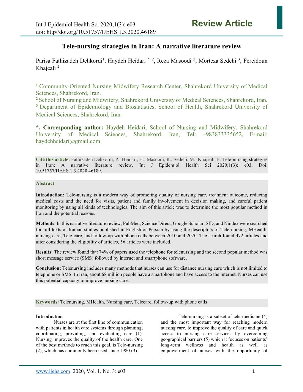 Review Article Doi: Http//Doi.Org/10.51757/IJEHS.1.3.2020.46189