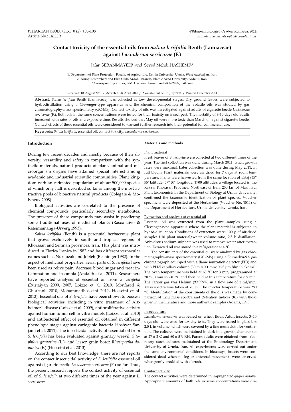 Contact Toxicity of the Essential Oils from Salvia Leriifolia Benth (Lamiaceae) Against Lasioderma Serricorne (F.)