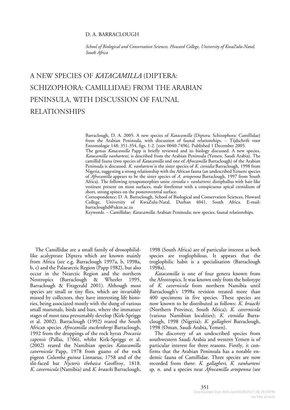 Diptera: Schizophora: Camillidae) from the Arabian Peninsula, with Discussion of Faunal Relationships