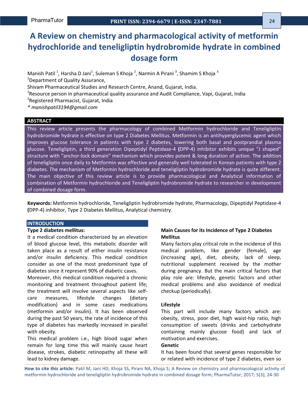 A Review on Chemistry and Pharmacological Activity of Metformin Hydrochloride and Teneligliptin Hydrobromide Hydrate in Combined Dosage Form