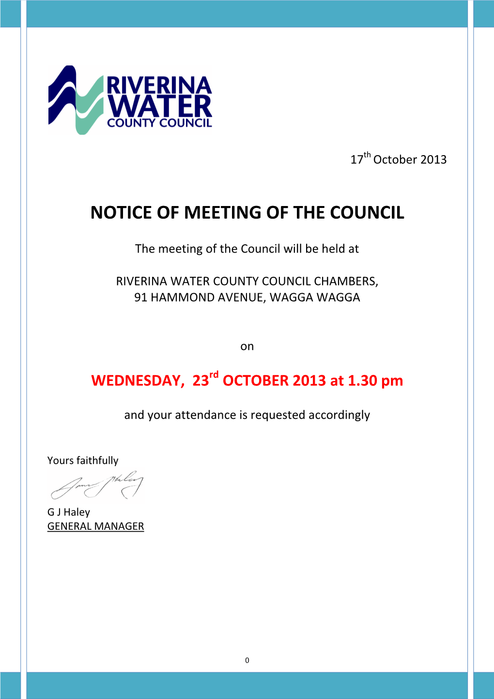 Notice of Meeting of the Council