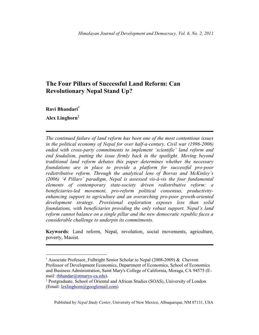 The Four Pillars of Successful Land Reform: Can Revolutionary Nepal Stand Up?