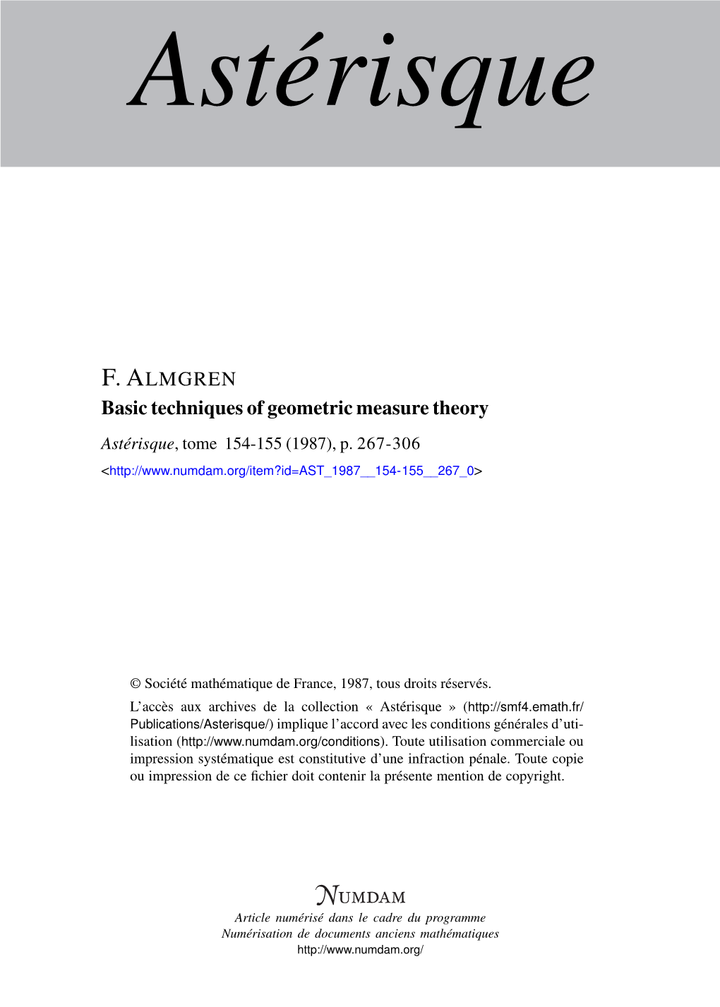 Basic Techniques of Geometric Measure Theory Astérisque, Tome 154-155 (1987), P