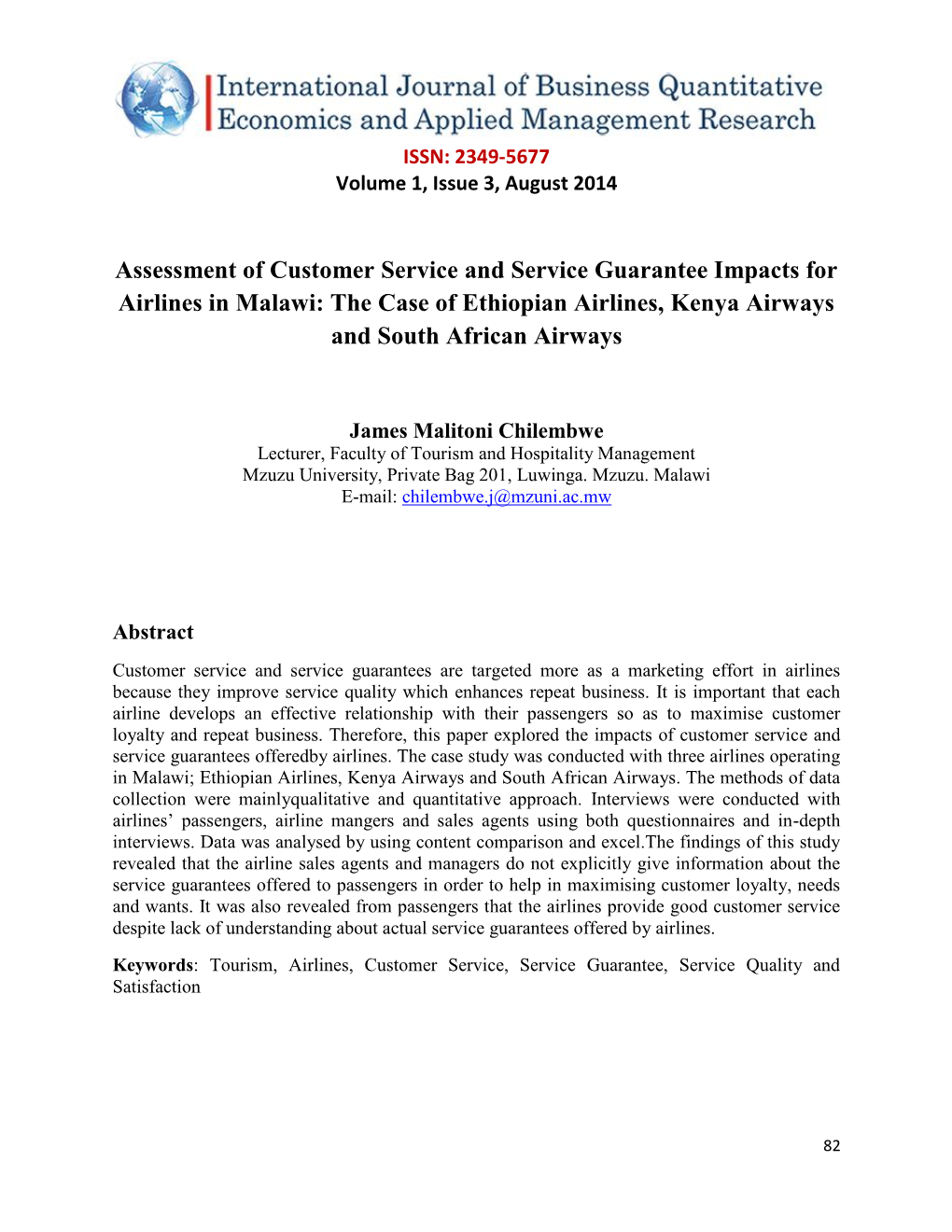 Assessment of Customer Service and Service Guarantee Impacts for Airlines in Malawi: the Case of Ethiopian Airlines, Kenya Airways and South African Airways