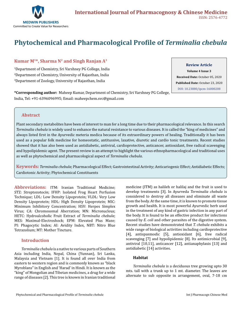 Phytochemical and Pharmacological Profile of Terminalia Chebula