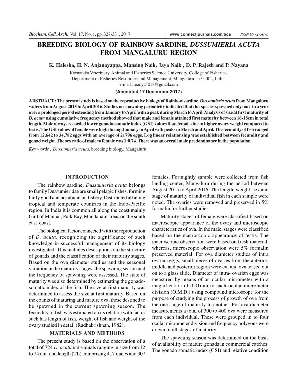 Breeding Biology of Rainbow Sardine, Dussumieria Acuta from Mangaluru Region