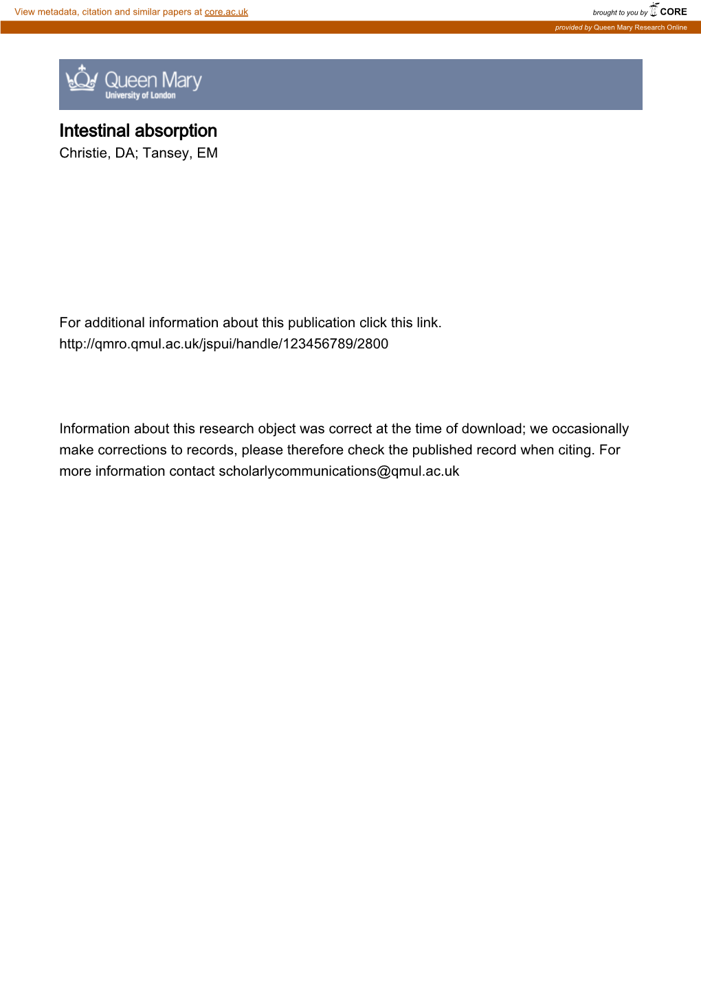 Intestinal Absorption Christie, DA; Tansey, EM