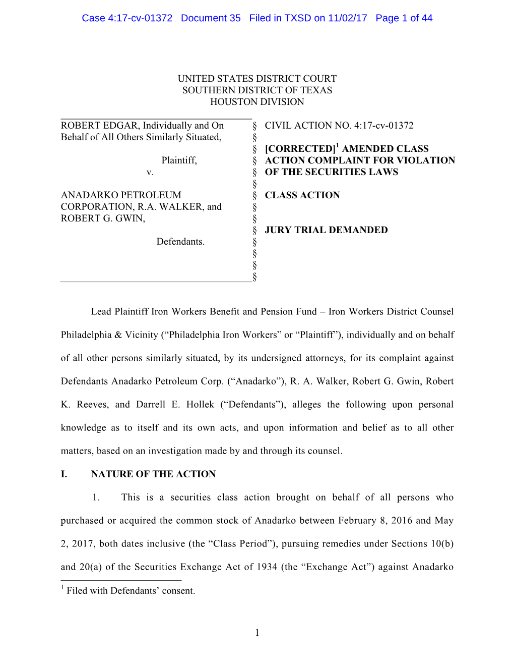 Robert Edgar, Et Al. V. Anadarko Petroleum Corporation, Et Al. 17-CV