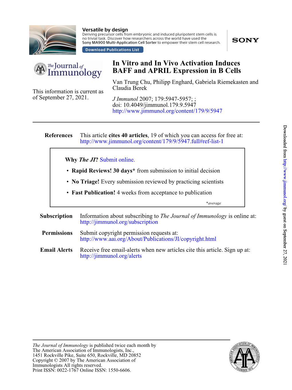 BAFF and APRIL Expression in B Cells in Vitro and in Vivo