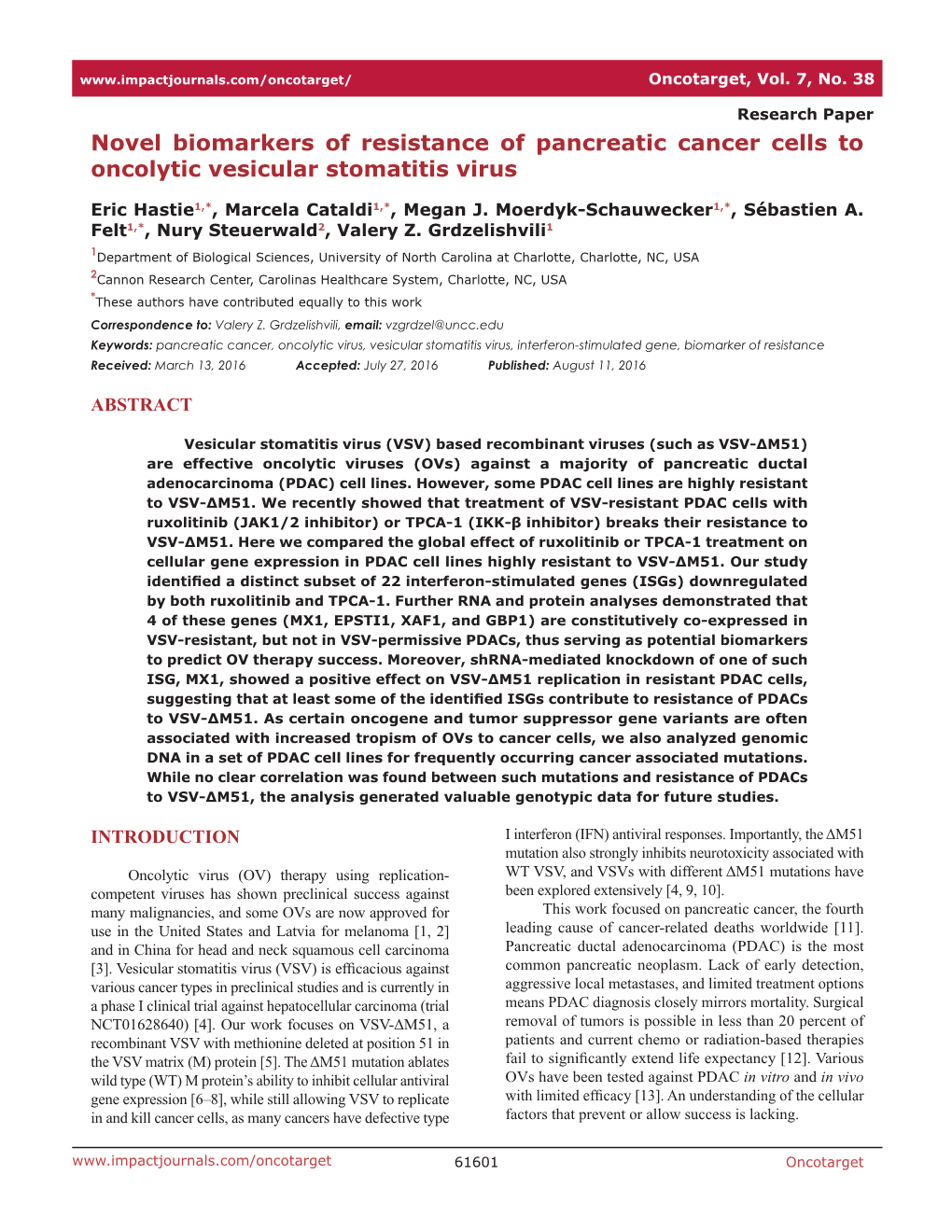 Novel Biomarkers of Resistance of Pancreatic Cancer Cells to Oncolytic Vesicular Stomatitis Virus