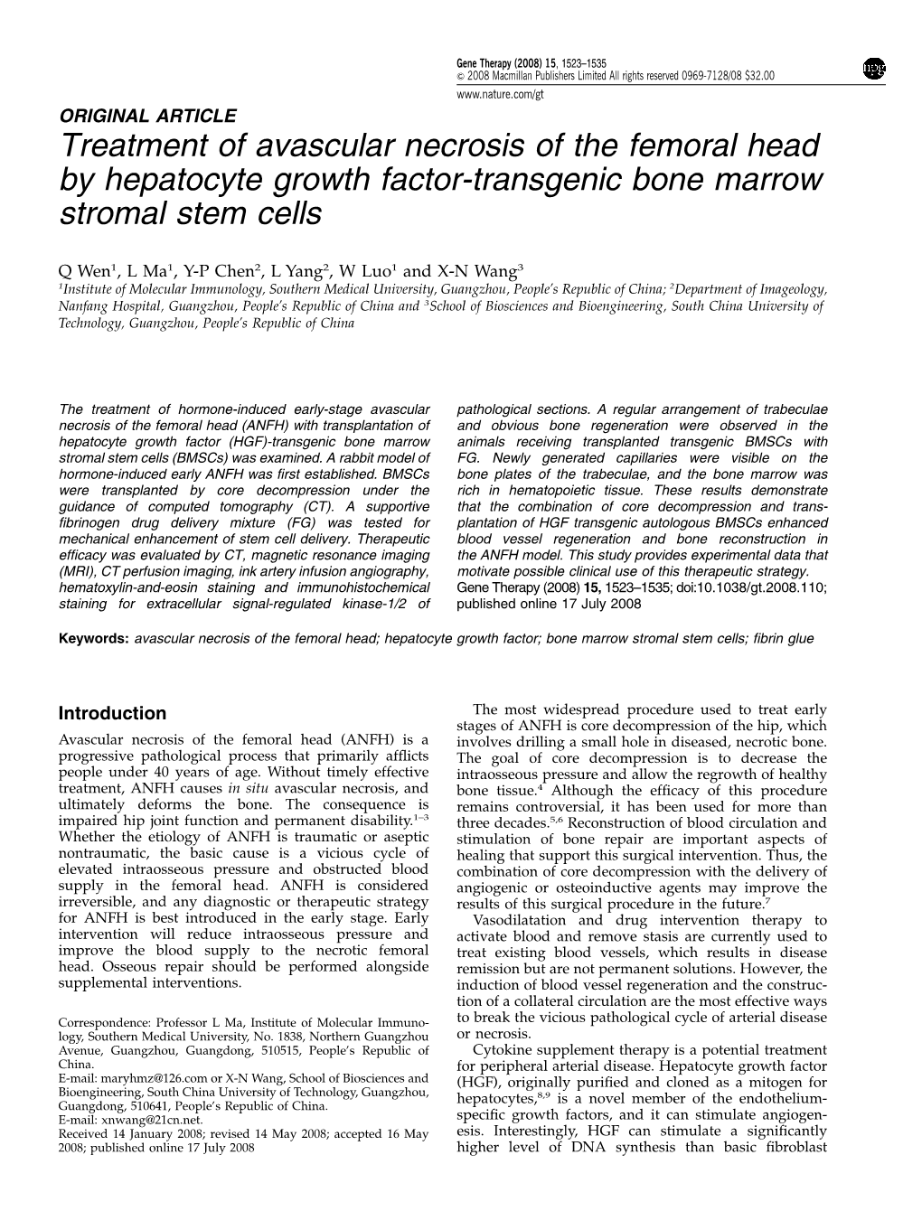 Treatment of Avascular Necrosis of the Femoral Head by Hepatocyte Growth Factor-Transgenic Bone Marrow Stromal Stem Cells