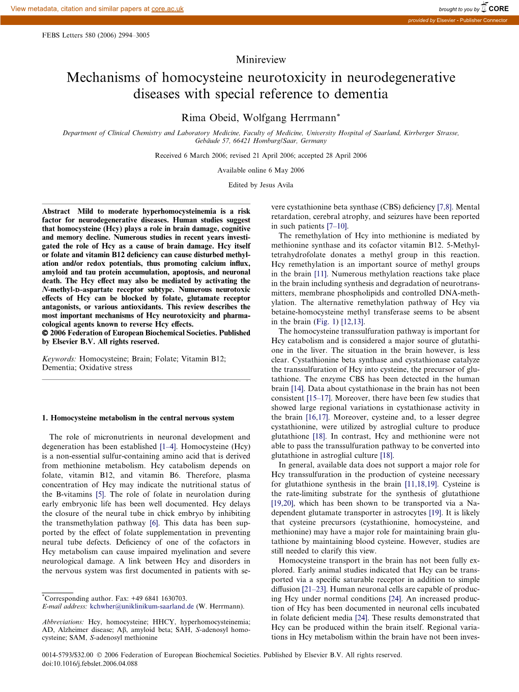 Mechanisms of Homocysteine Neurotoxicity in Neurodegenerative Diseases with Special Reference to Dementia