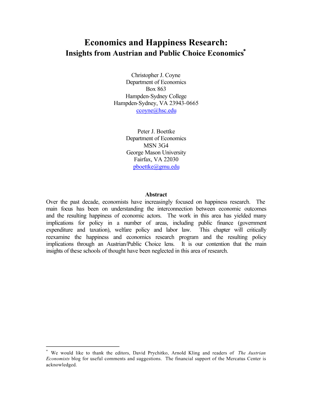 Economics and Happiness Research: Insights from Austrian and Public Choice Economics*