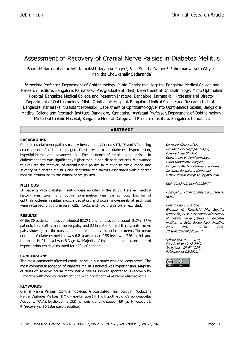 Assessment of Recovery of Cranial Nerve Palsies in Diabetes Mellitus