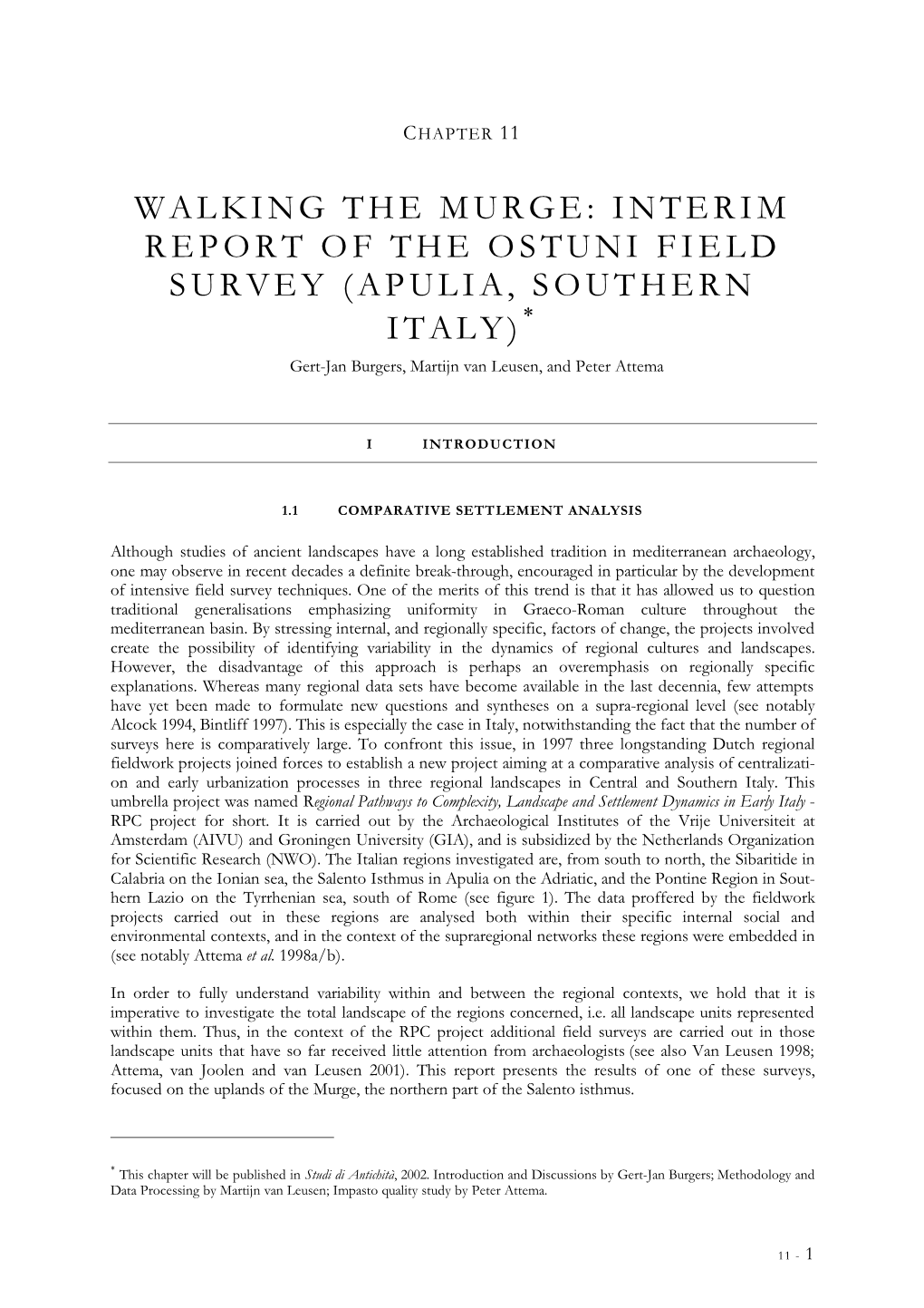 Walking the Murge: Interim Report of the Ostuni Field Survey (Apulia, Southern Italy)