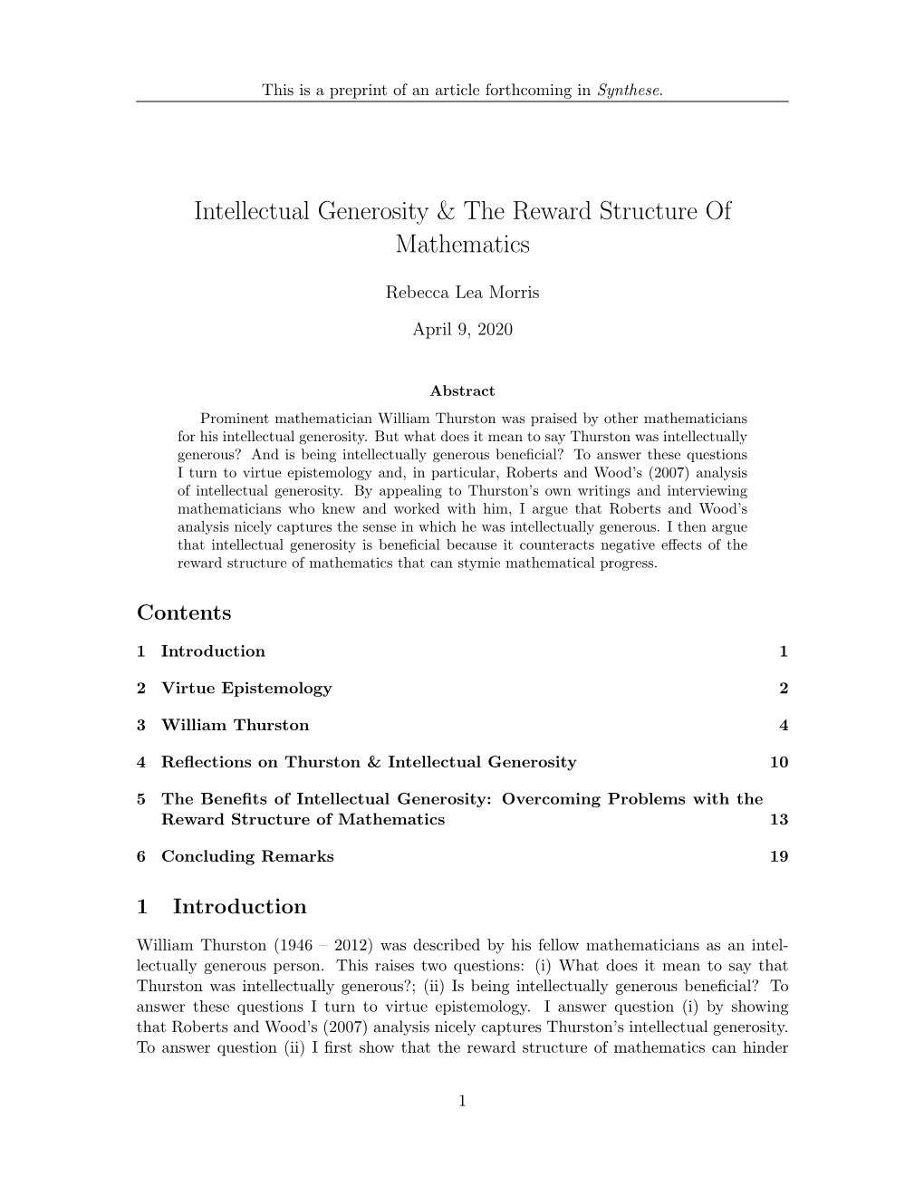 Intellectual Generosity & the Reward Structure of Mathematics