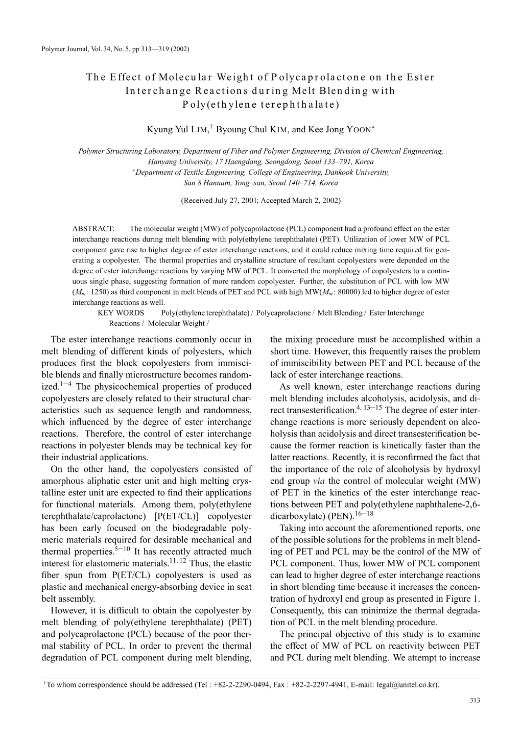 The Effect of Molecular Weight of Polycaprolactone on the Ester Interchange Reactions During Melt Blending with Poly(Ethylene Terephthalate)