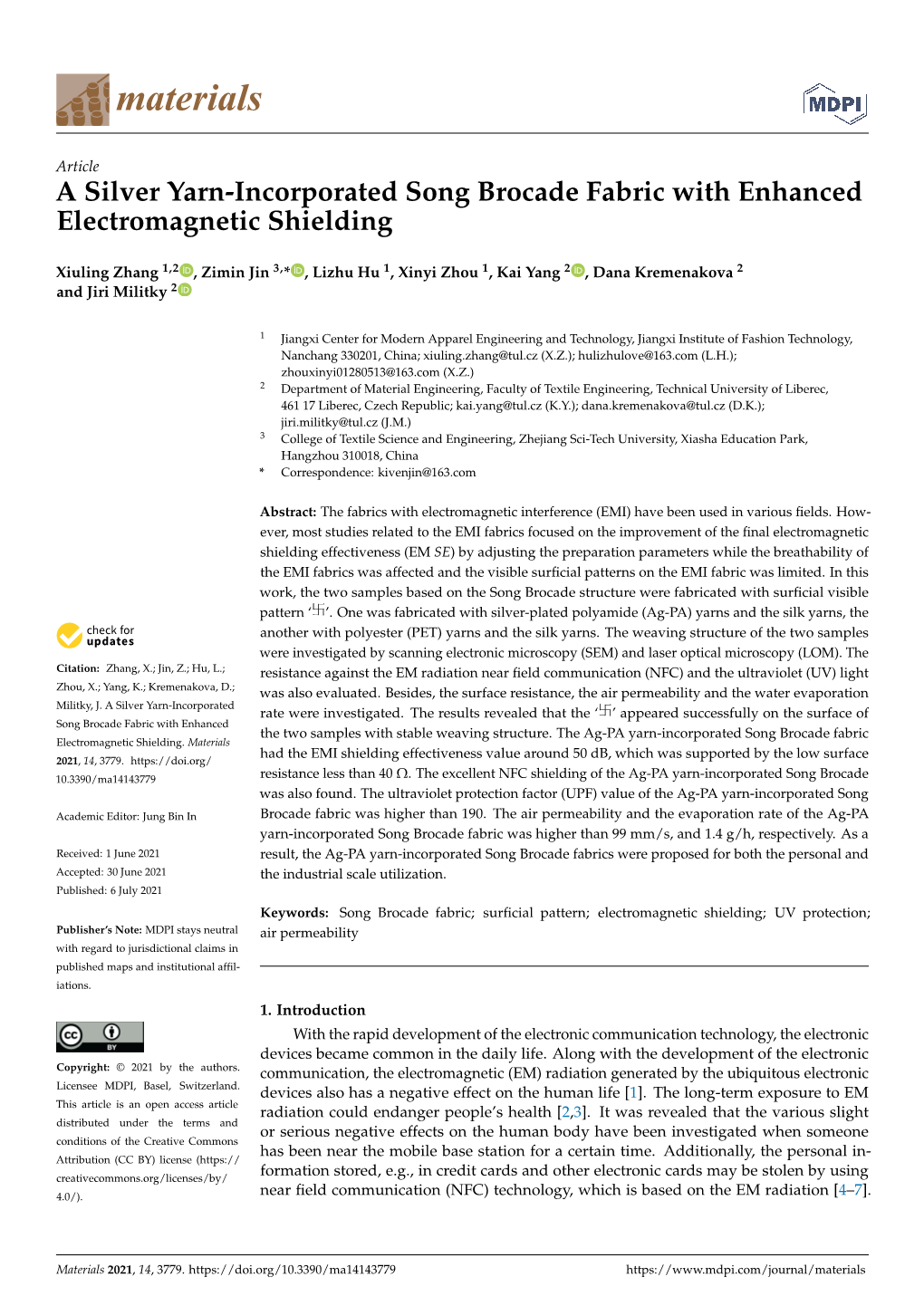 A Silver Yarn-Incorporated Song Brocade Fabric with Enhanced Electromagnetic Shielding