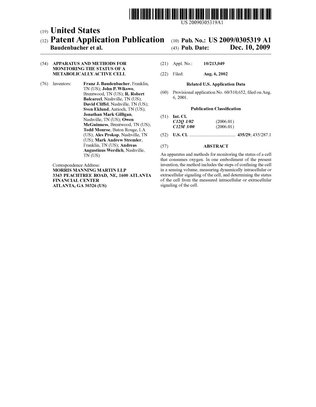 (12) Patent Application Publication (10) Pub. No.: US 2009/0305319 A1 Baudenbacher Et Al