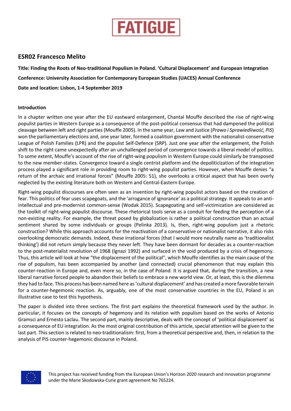 ESR02 Francesco Melito Title: Finding the Roots of Neo-Traditional Populism in Poland