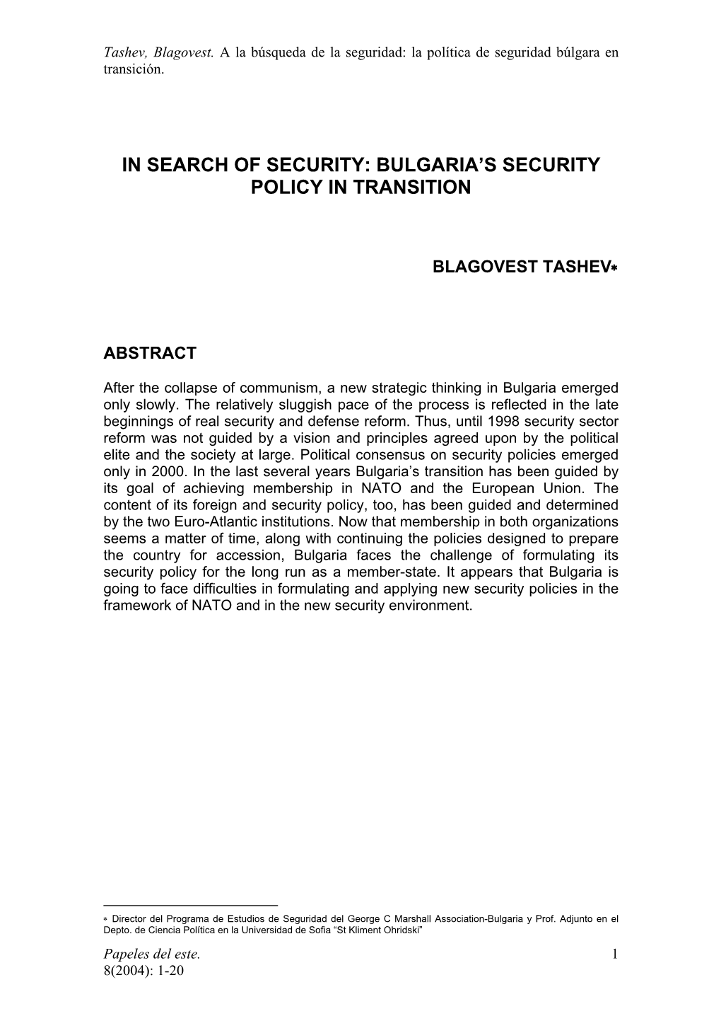 Bulgaria's Security Policy in Transition