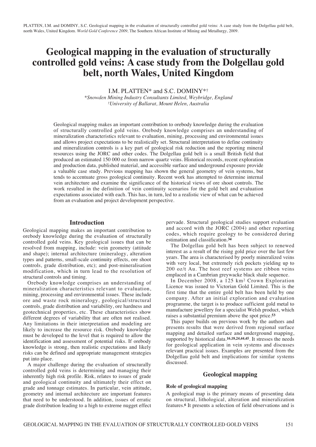 Geological Mapping in the Evaluation of Structurally Controlled Gold Veins: a Case Study from the Dolgellau Gold Belt, North Wales, United Kingdom