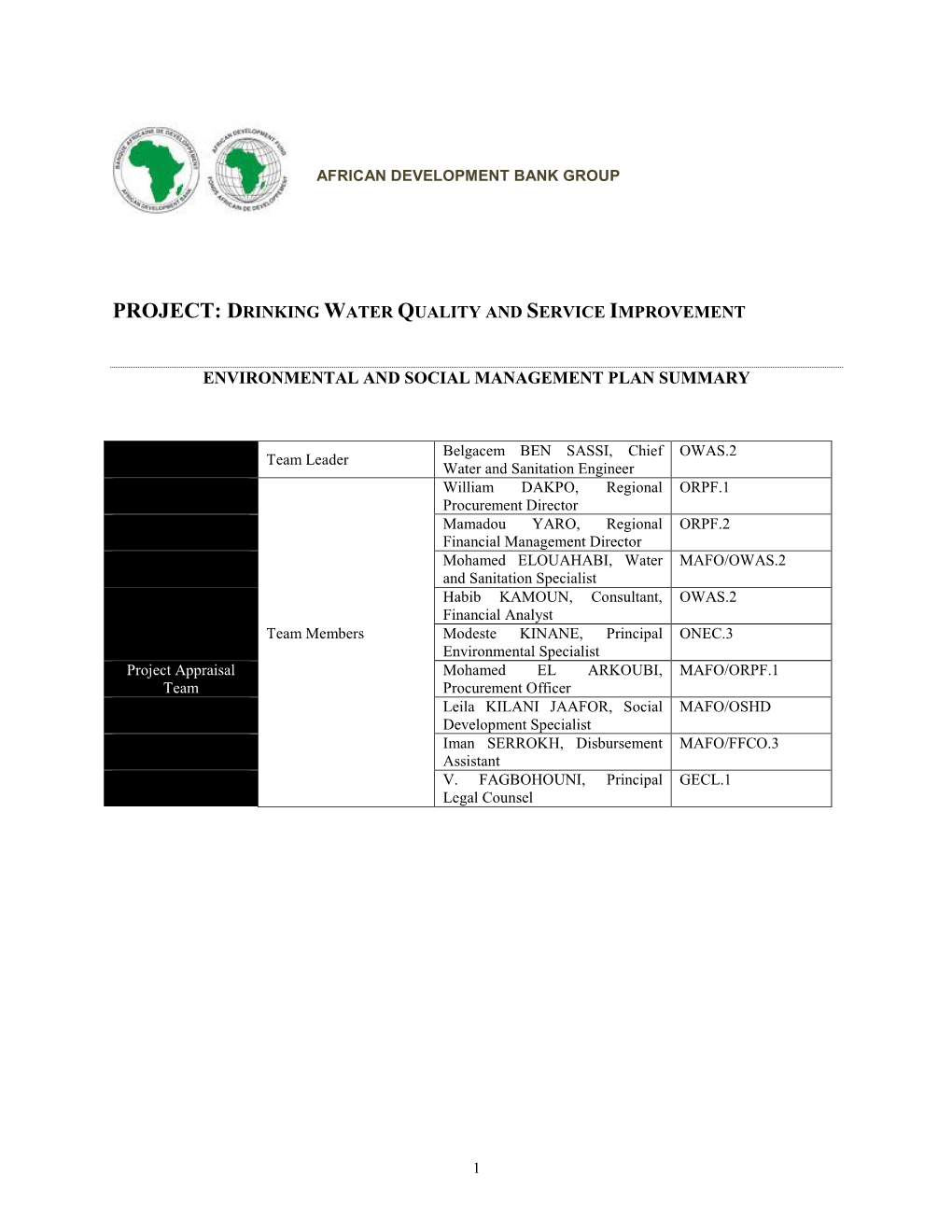 Drinking Water Quality and Service Improvement