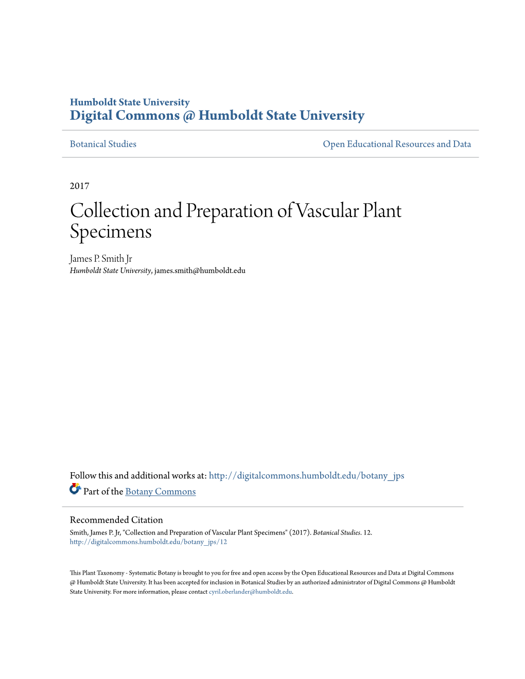 Collection and Preparation of Vascular Plant Specimens James P