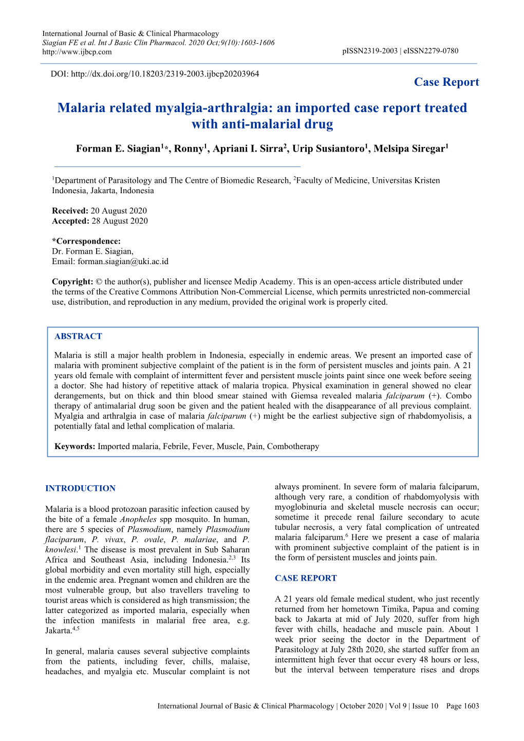 Malaria Related Myalgia-Arthralgia: an Imported Case Report Treated with Anti-Malarial Drug