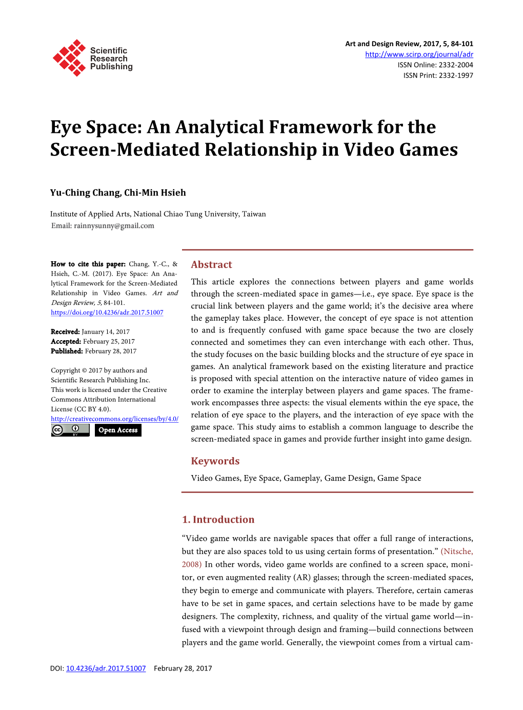 Eye Space: an Analytical Framework for the Screen-Mediated Relationship in Video Games