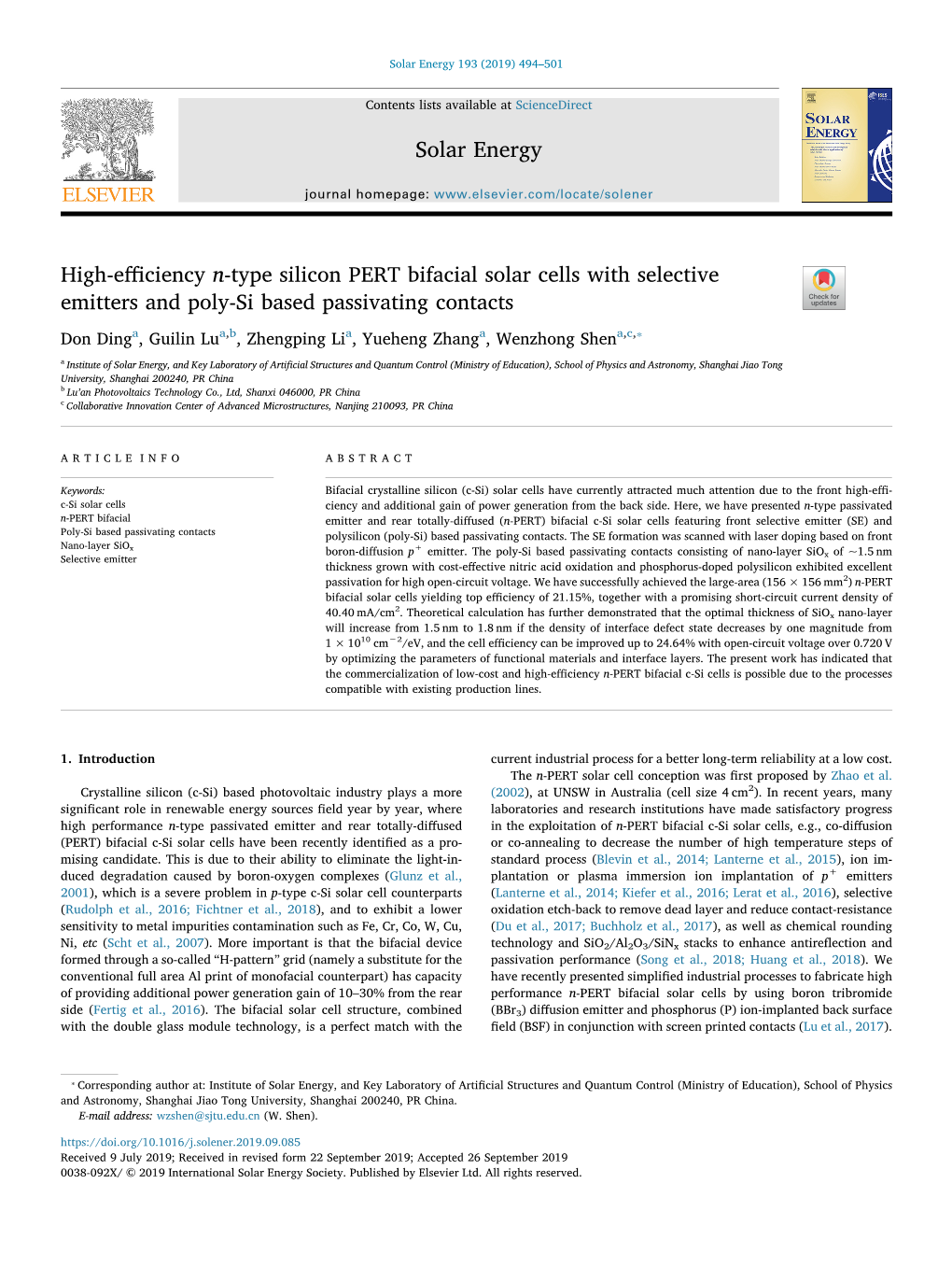 High-Efficiency N-Type Silicon PERT Bifacial Solar Cells with Selective