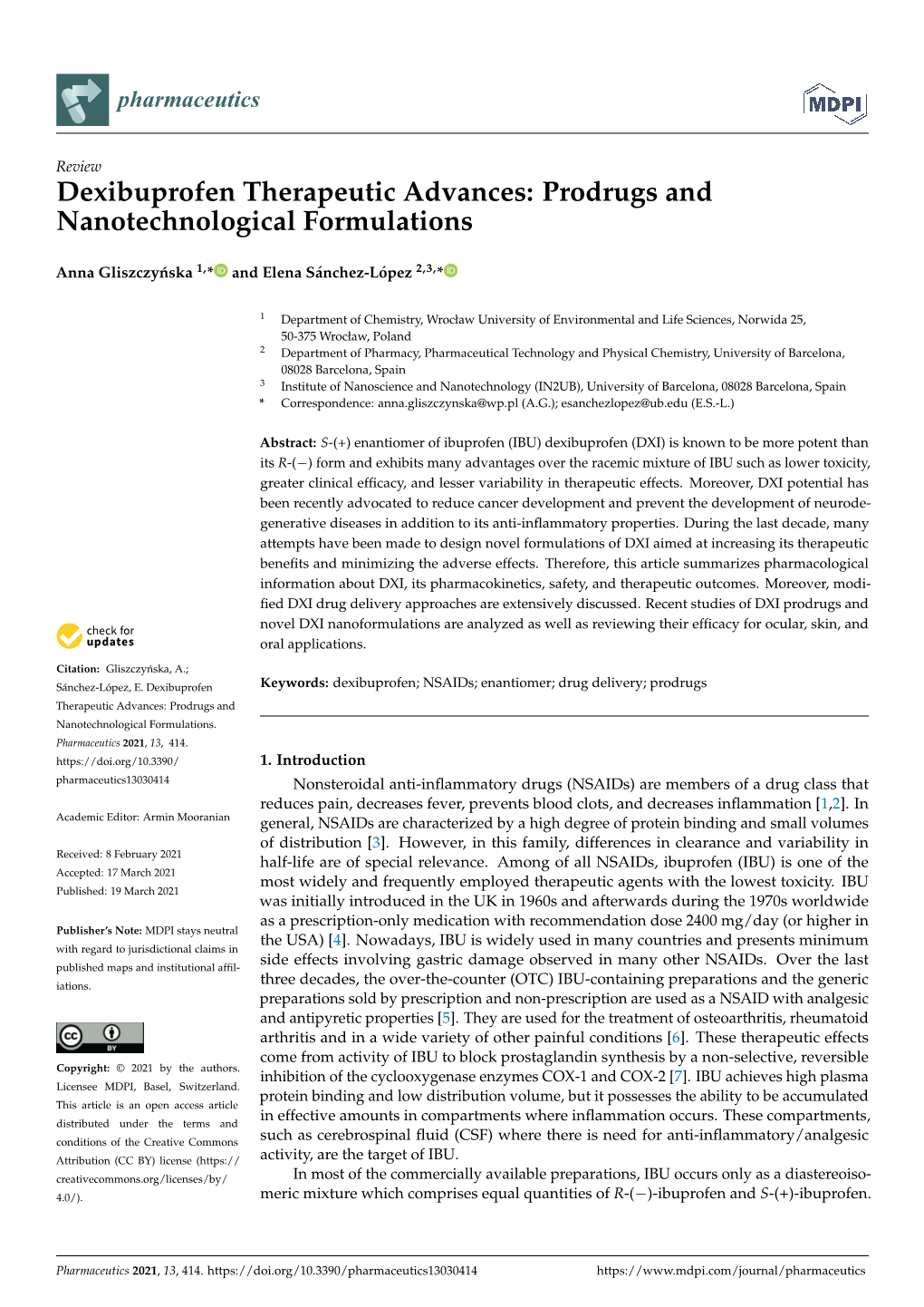 Dexibuprofen Therapeutic Advances: Prodrugs and Nanotechnological Formulations