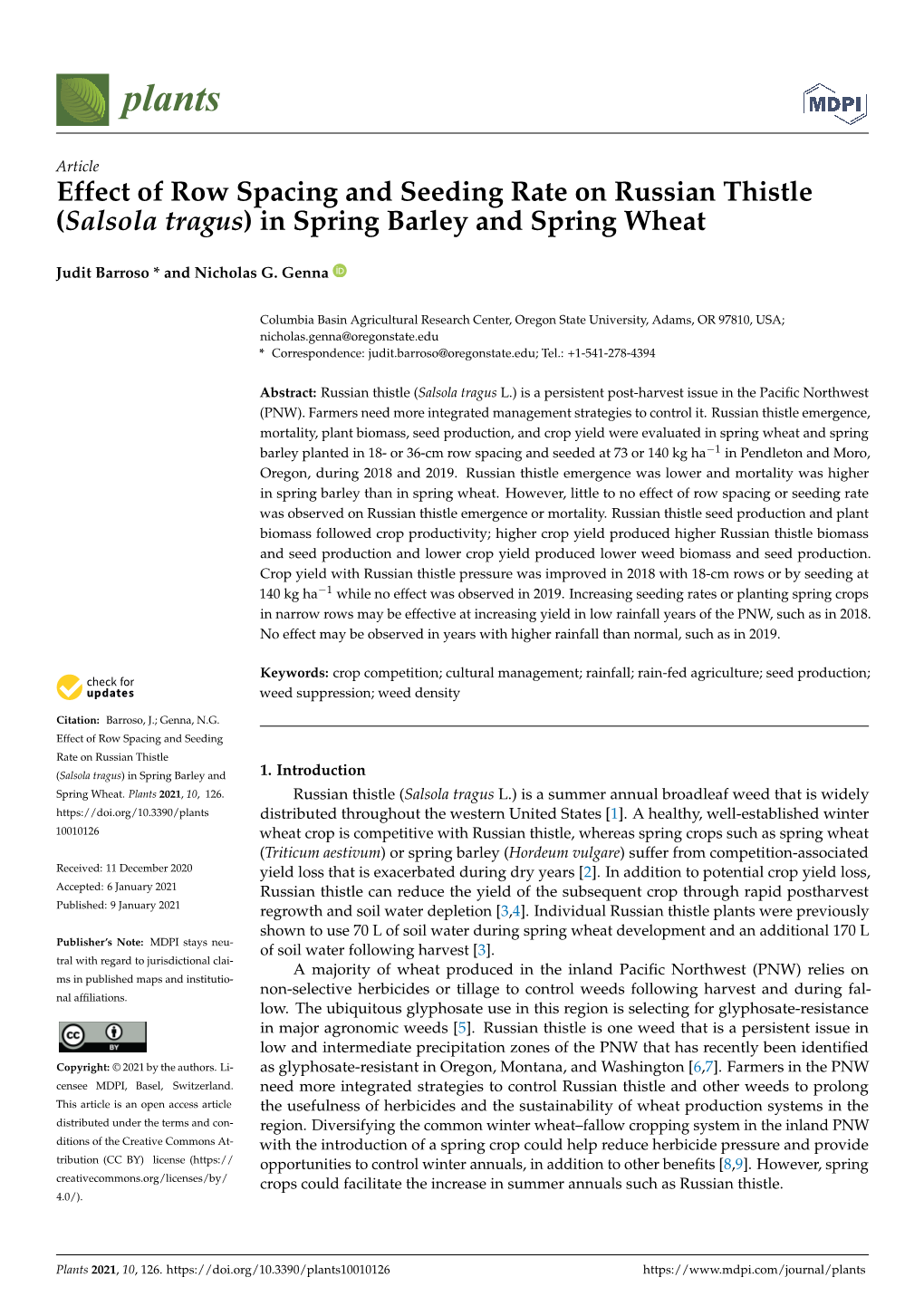 Effect of Row Spacing and Seeding Rate on Russian Thistle (Salsola Tragus) in Spring Barley and Spring Wheat