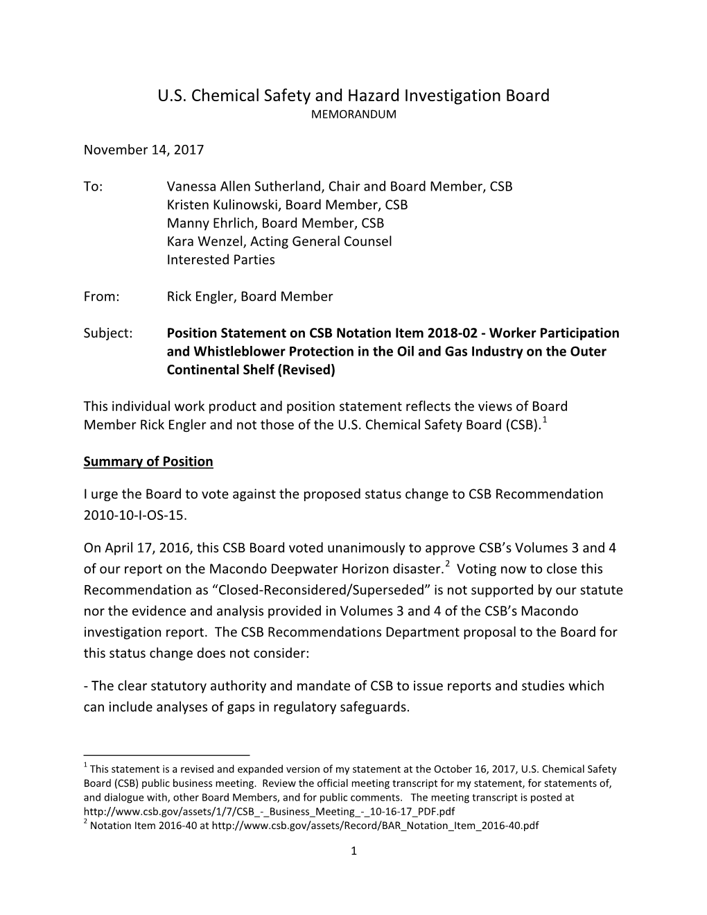 U.S. Chemical Safety and Hazard Investigation Board MEMORANDUM