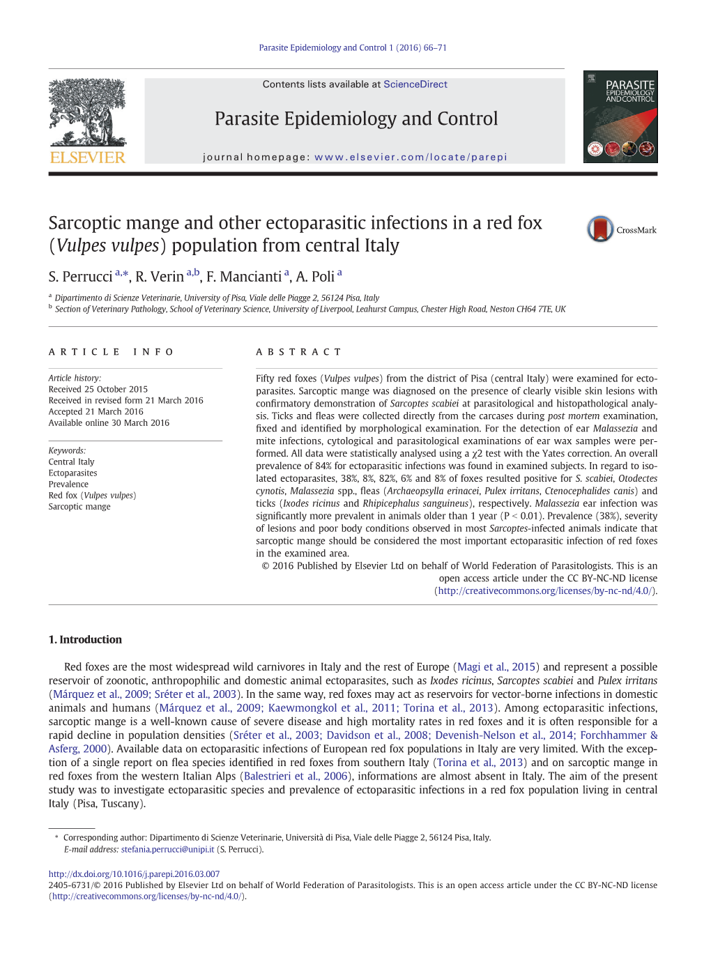 Sarcoptic Mange and Other Ectoparasitic Infections in a Red Fox (Vulpes Vulpes) Population from Central Italy