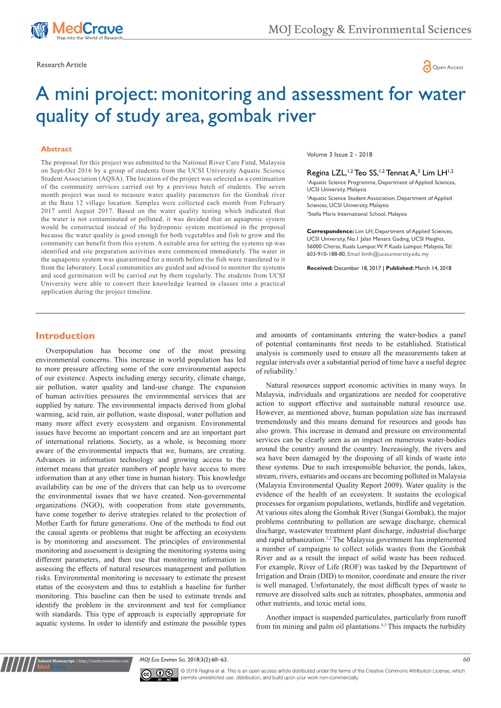 A Mini Project: Monitoring and Assessment for Water Quality of Study Area, Gombak River