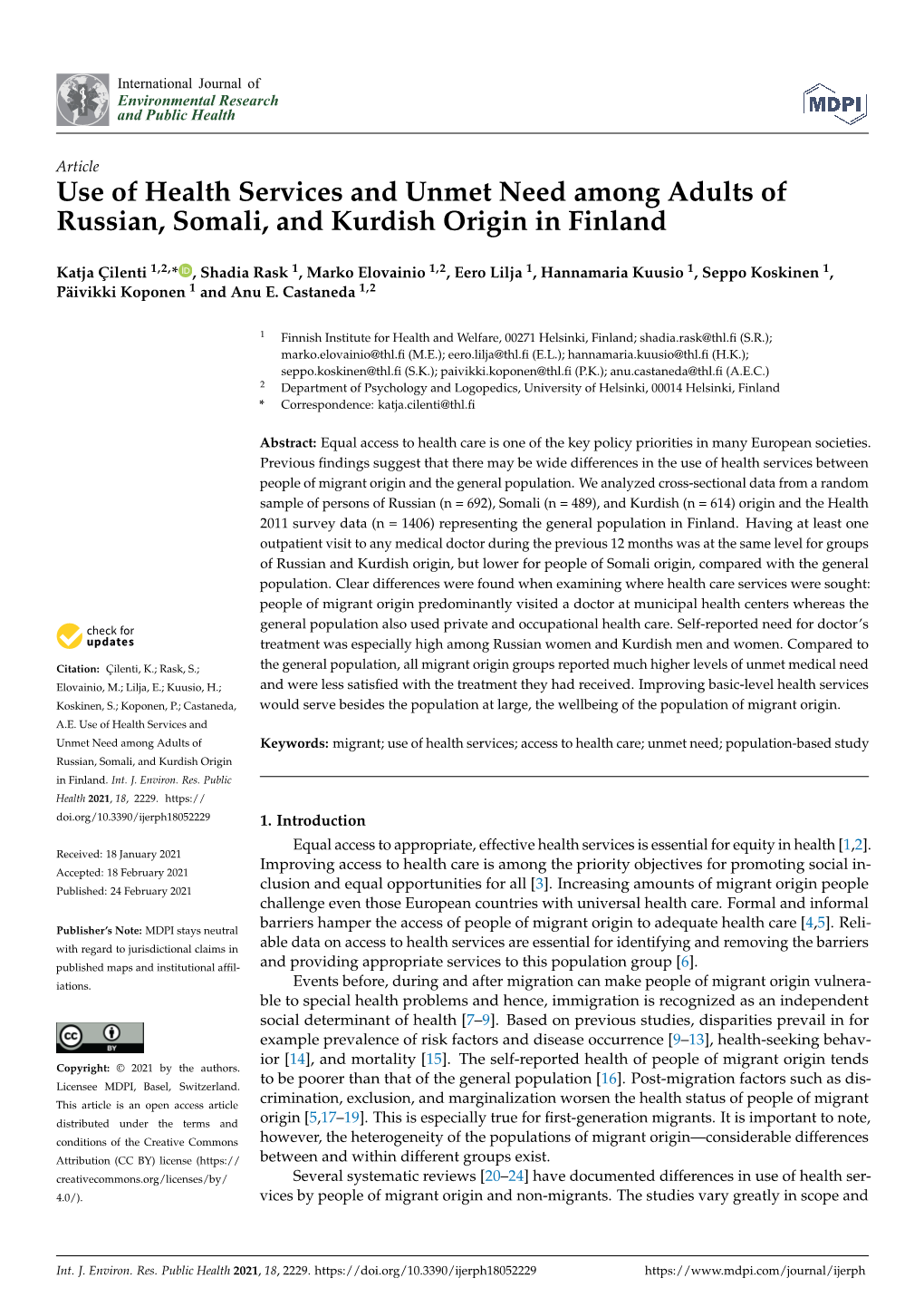Use of Health Services and Unmet Need Among Adults of Russian, Somali, and Kurdish Origin in Finland