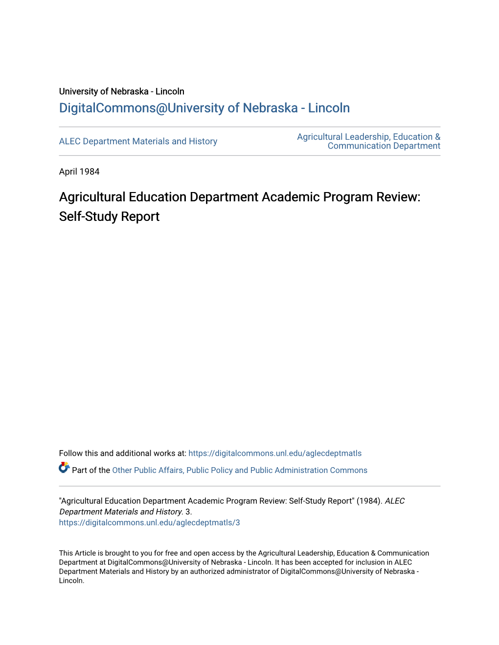 Agricultural Education Department Academic Program Review: Self-Study Report