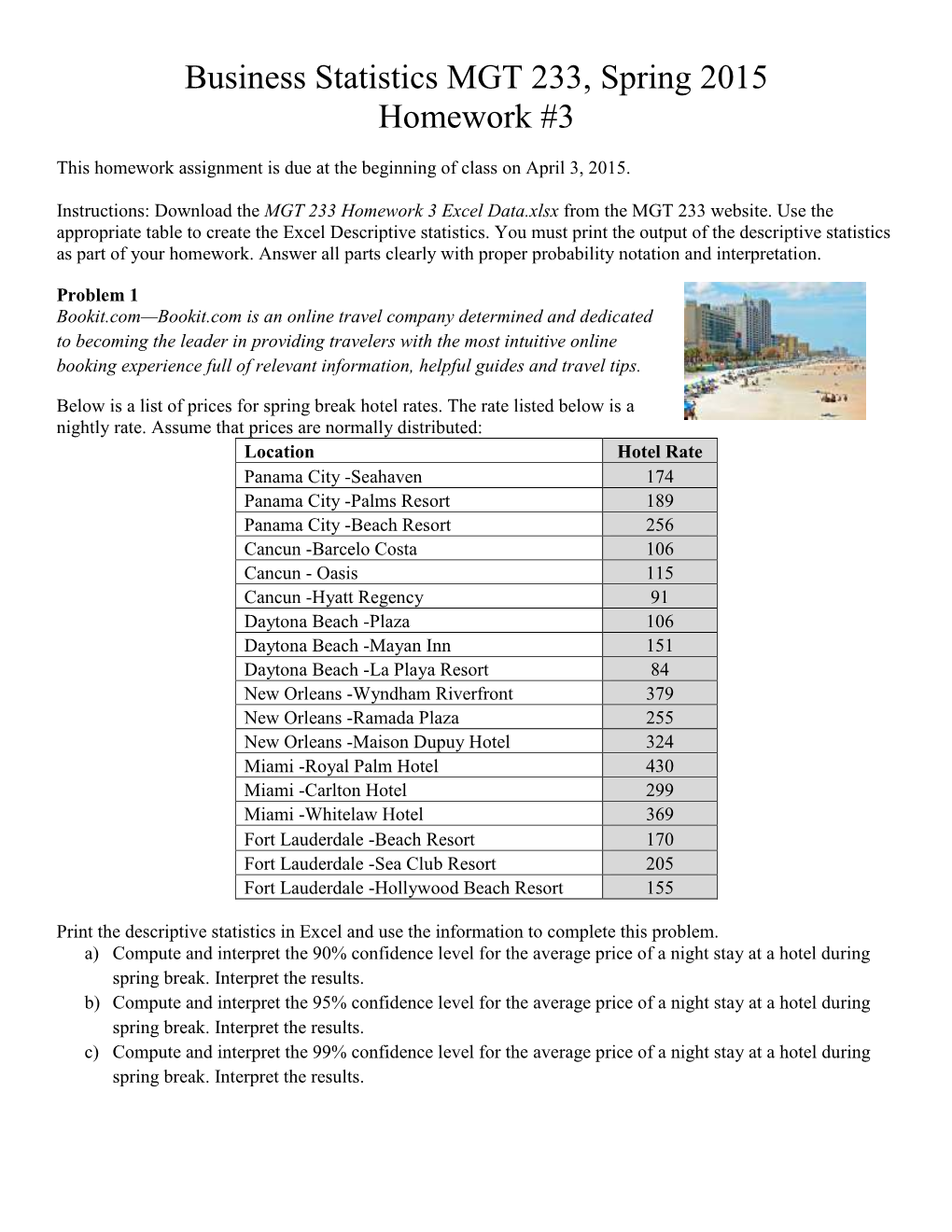 Business Statistics MGT 233, Spring 2015 Homework #3