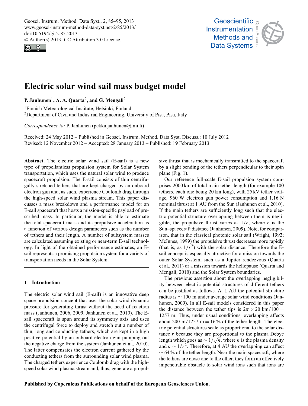 Electric Solar Wind Sail Mass Budget Model Open Access Open Access P