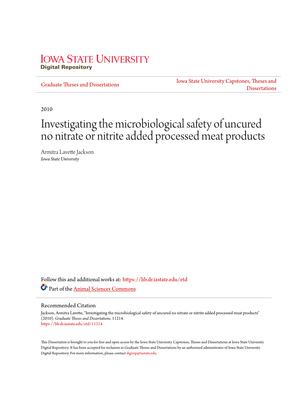 Investigating the Microbiological Safety of Uncured No Nitrate Or Nitrite Added Processed Meat Products, 2010, Page