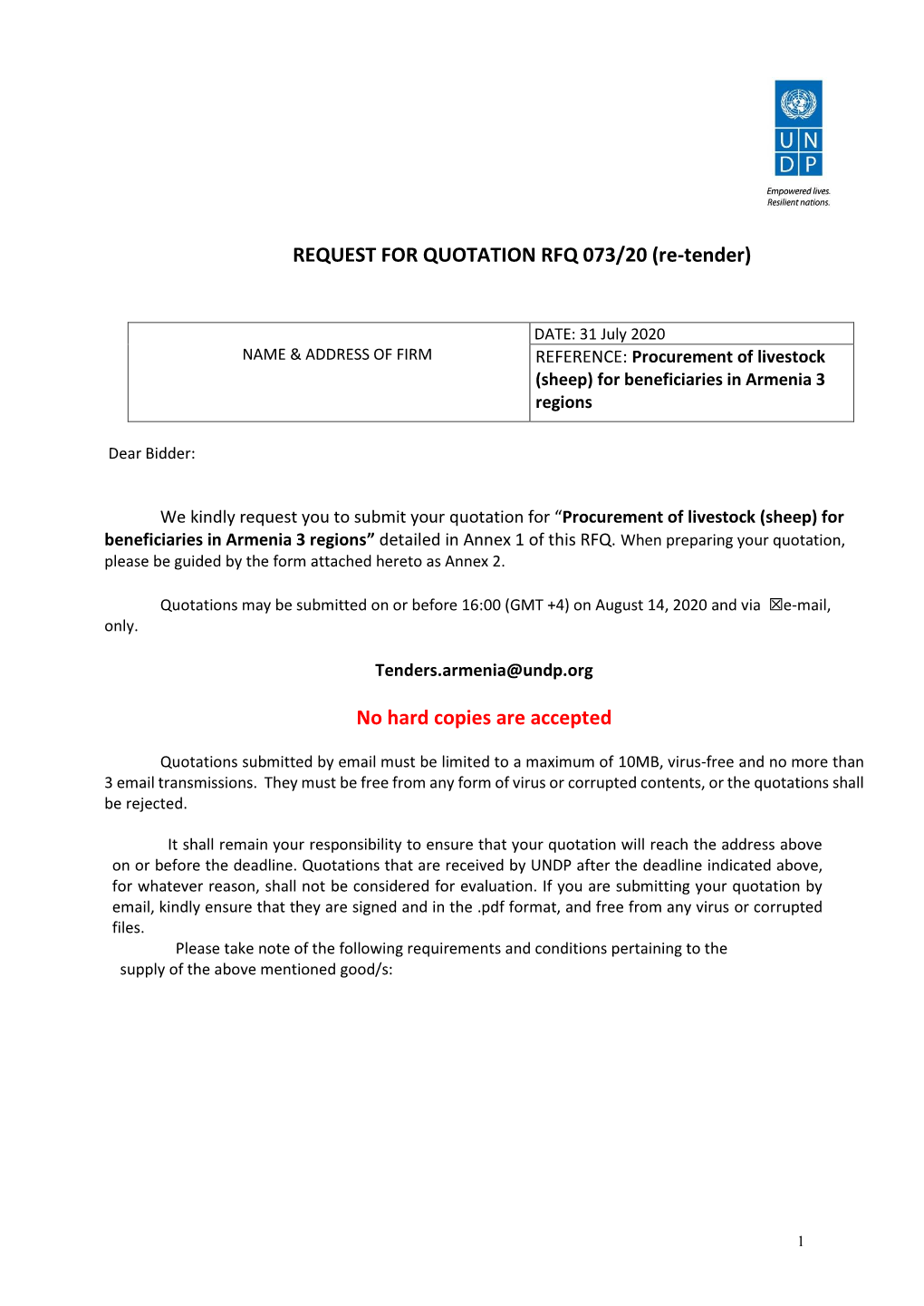 REQUEST for QUOTATION RFQ 073/20 (Re-Tender) No Hard Copies Are Accepted