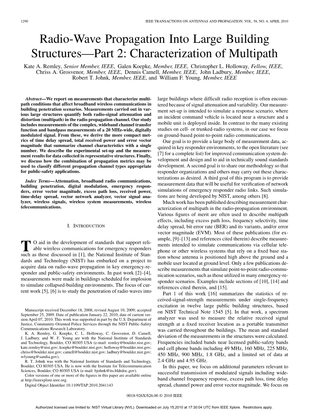 Radio-Wave Propagation Into Large Building Structures—Part 2: Characterization of Multipath Kate A