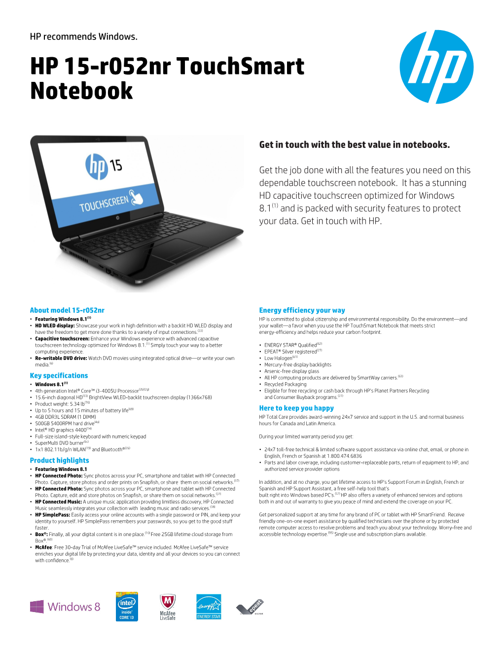 HP 15-R052nr Touchsmart Notebook