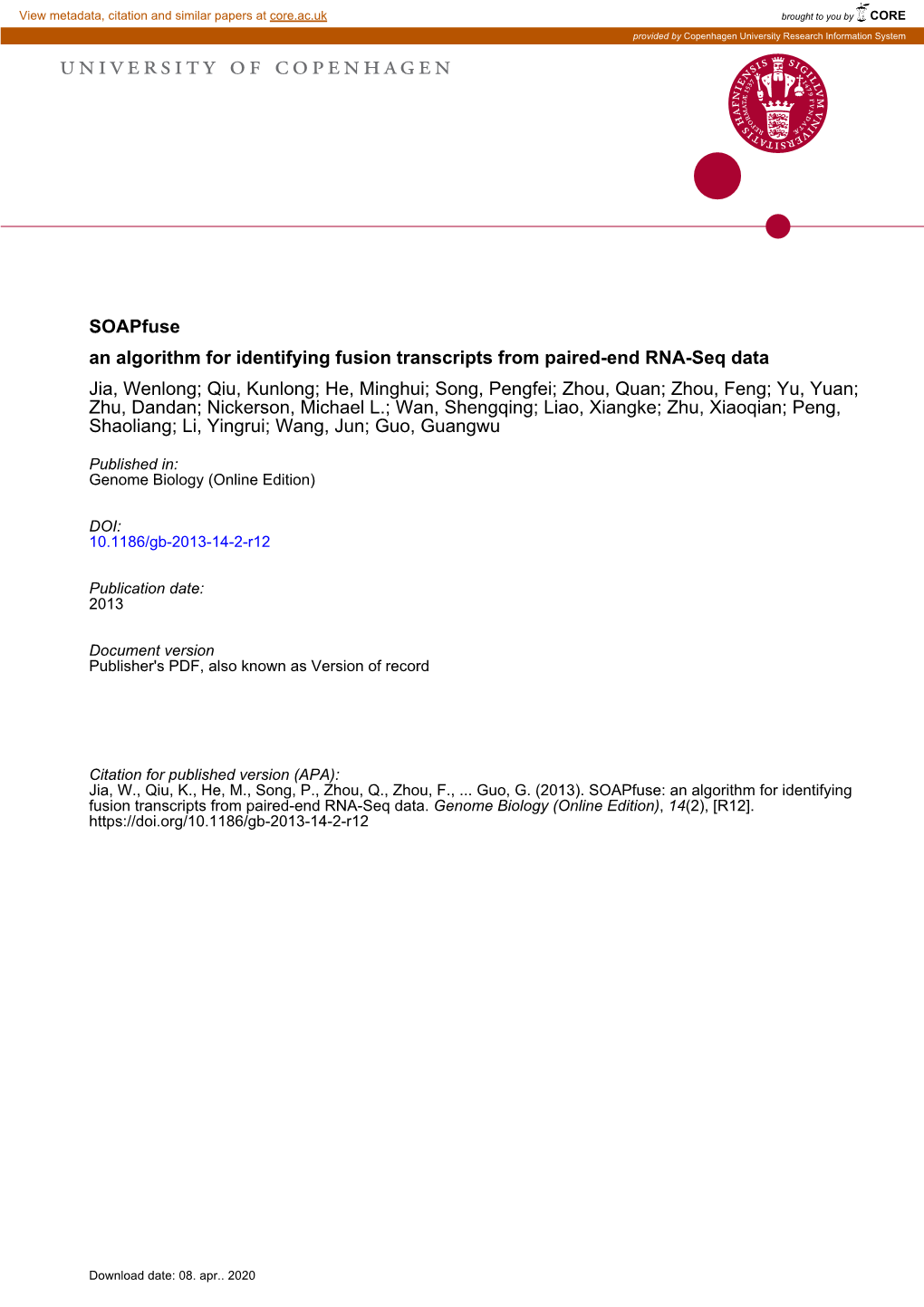 Soapfuse: an Algorithm for Identifying Fusion Transcripts from Paired-End RNA-Seq Data