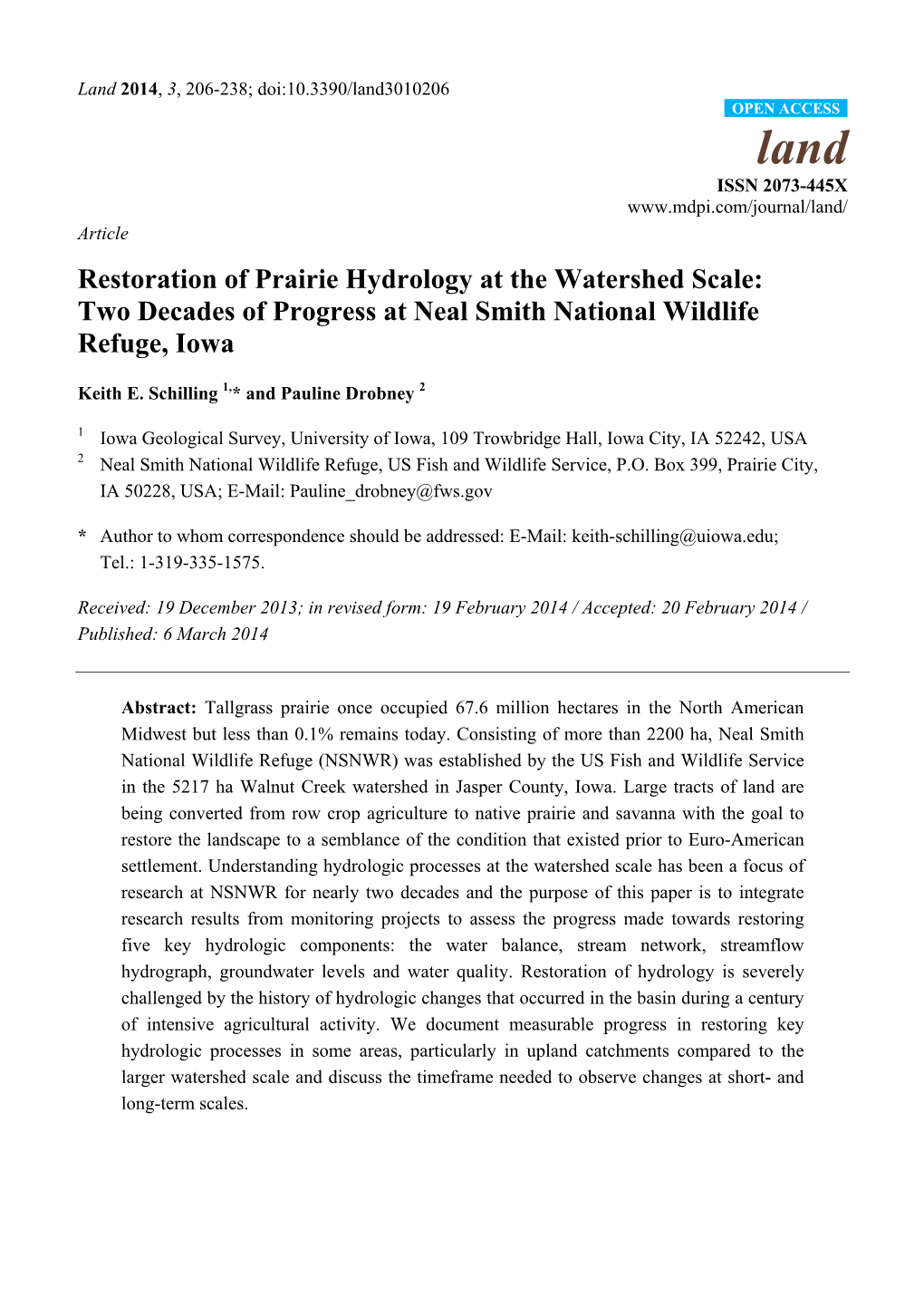 Restoration of Prairie Hydrology at the Watershed Scale: Two Decades of Progress at Neal Smith National Wildlife Refuge, Iowa