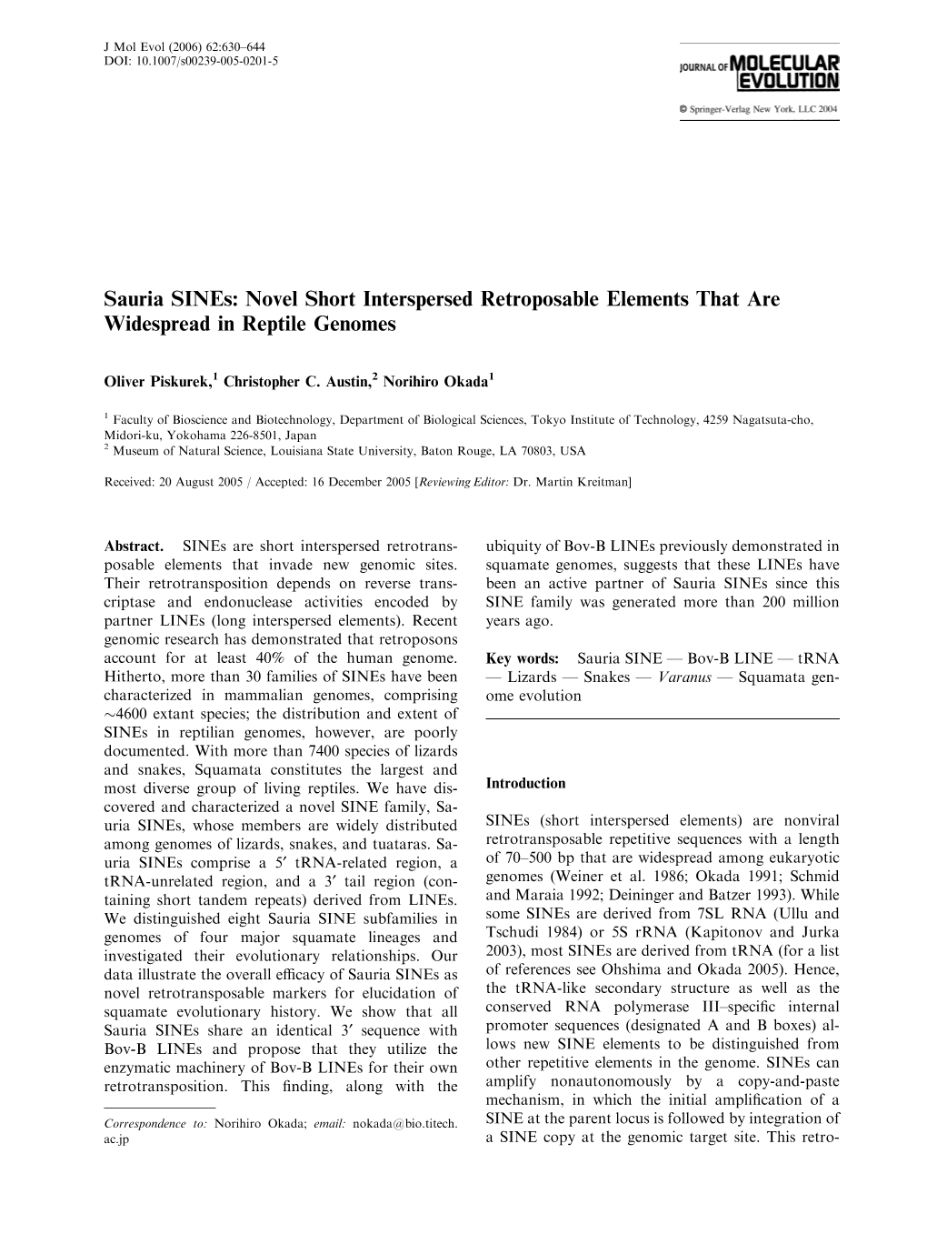 Sauria Sines: Novel Short Interspersed Retroposable Elements That Are Widespread in Reptile Genomes