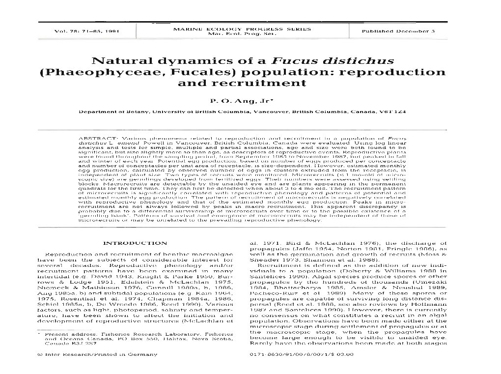 Natural Dynamics of a Fucus Distichus (Phaeophyceae, Fucales) Population: Reproduction and Recruitment