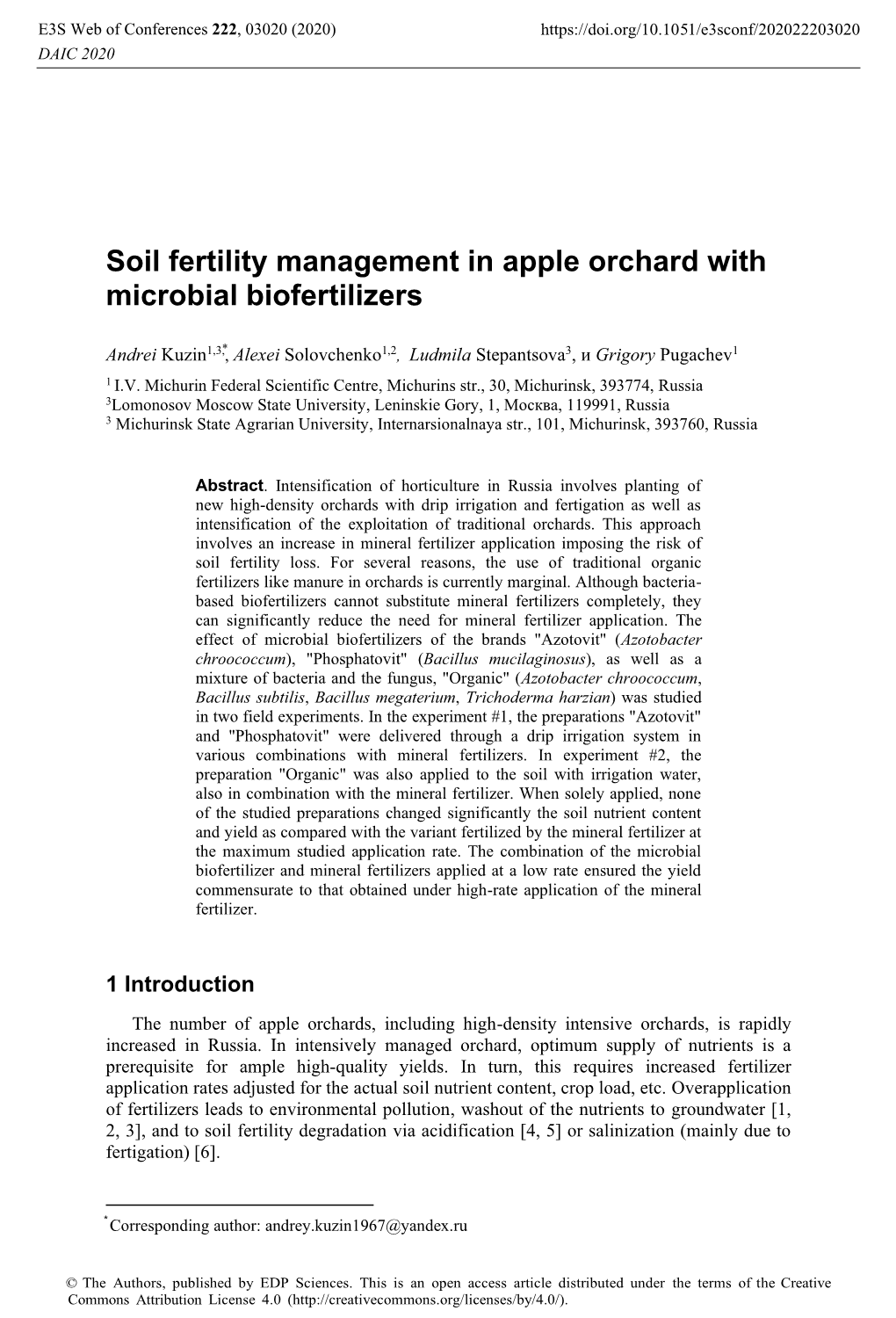 Soil Fertility Management in Apple Orchard with Microbial Biofertilizers